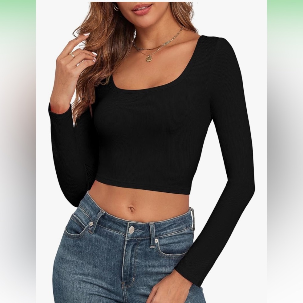 Black Long Sleeve Crop Top ribbed square neck medium